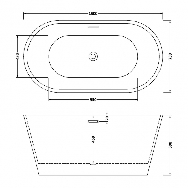Delphi Alpine Oval Modern Freestanding Bath 1500mm x 730mm  | Dimension Image