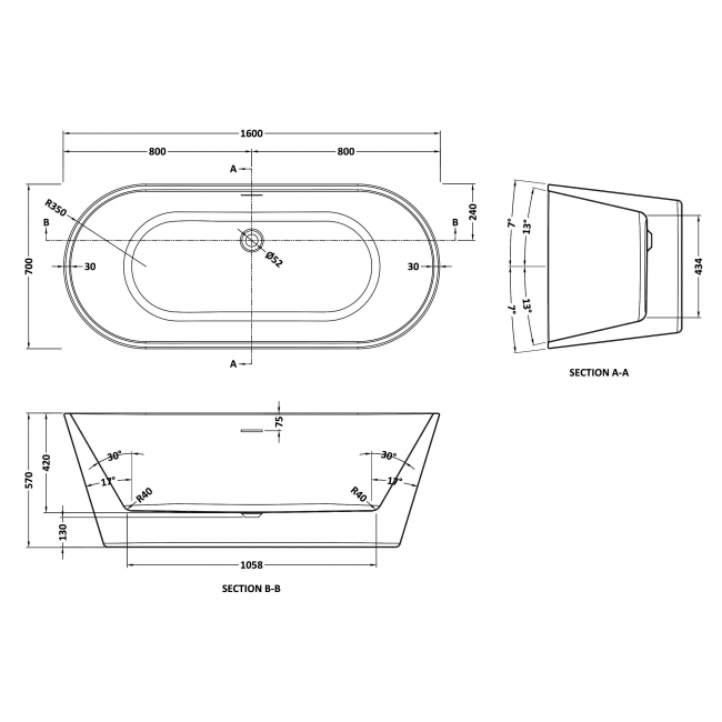 Delphi Brook Oval Freestanding Bath 1600mm x 700mm