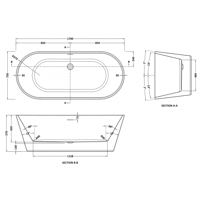 Delphi Brook Oval Freestanding Bath 1700mm x 750mm