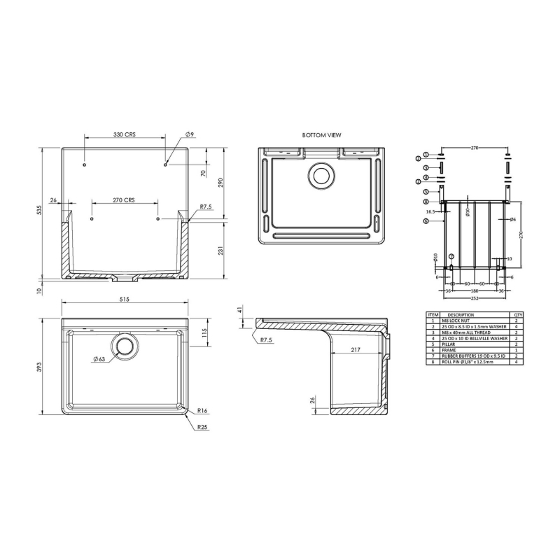 Delphi Cleaner Fireclay Sink 1.0 Bowl with Grid 515mm L x 535mm D x 393mm W - White
