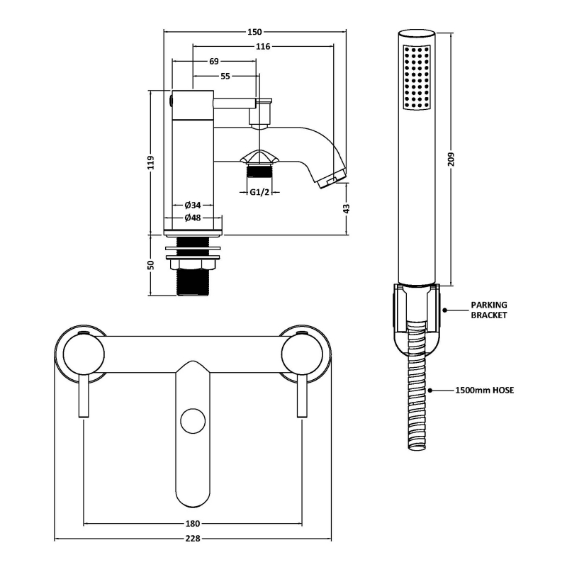 Delphi Corinthian Brushed Brass Bath Shower Mixer Tap with Kit  | Dimension Image