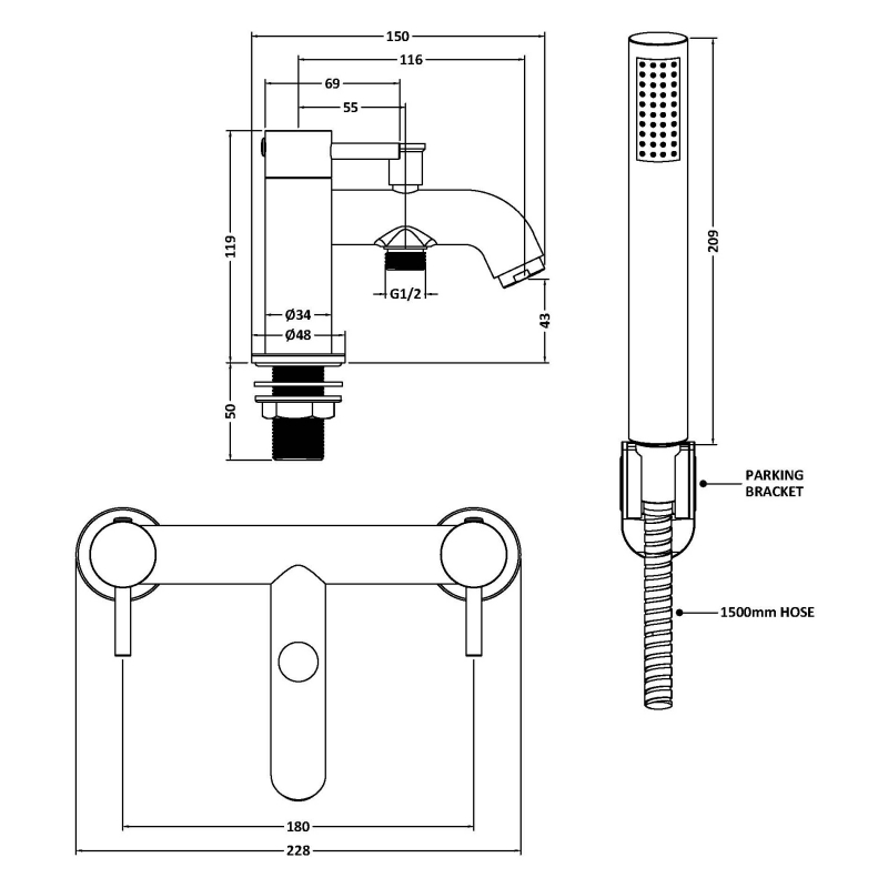Delphi Corinthian Chrome Bath Shower Mixer Tap with Kit  | Dimension Image