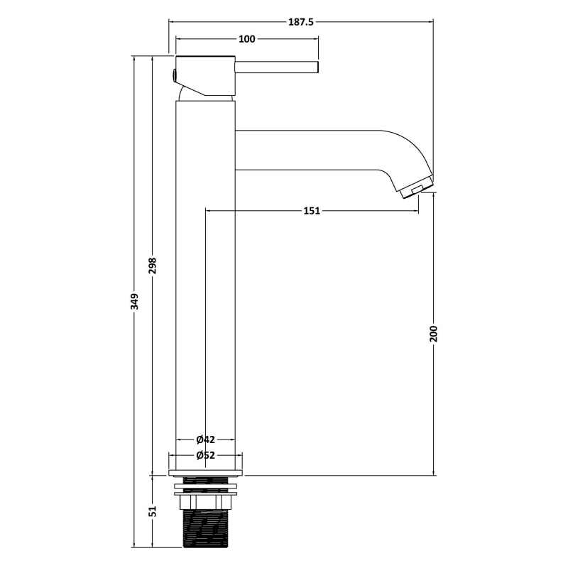 Delphi Corinthian Matt Black High Rise Tall Mono Basin Mixer Tap  | Dimension Image