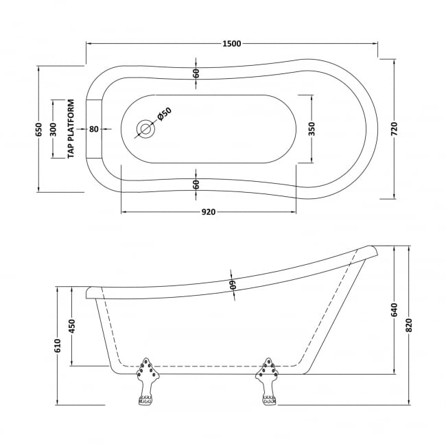 Delphi Coronation Single Ended Freestanding Slipper Bath 1500mm x 720mm (inc Feet)