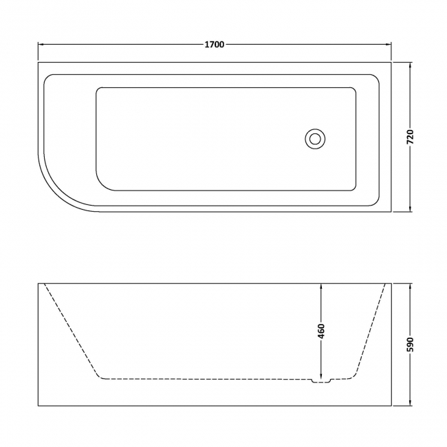 Delphi Crest J-Shaped Freestanding Curved Corner Bath 1700mm x 720mm Right Handed  | Dimension Image