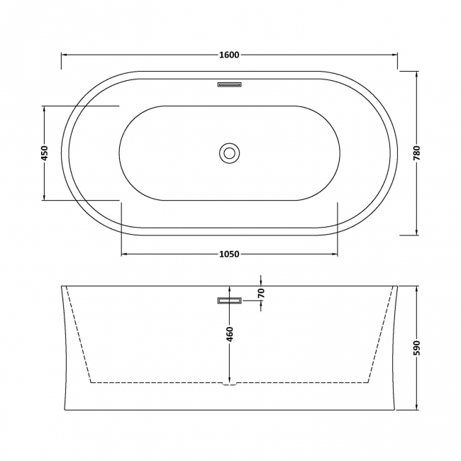 Delphi Drift Concave Oval Modern Freestanding Bath 1600mm x 780mm  | Dimension Image