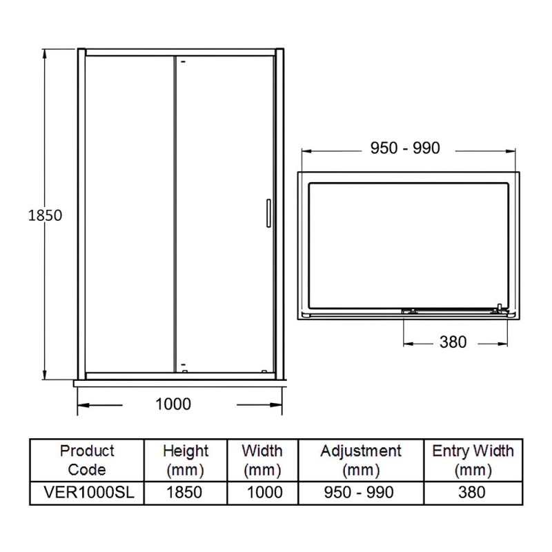 Purity Excel Sliding Shower Door 1000mm Wide - 5mm Glass