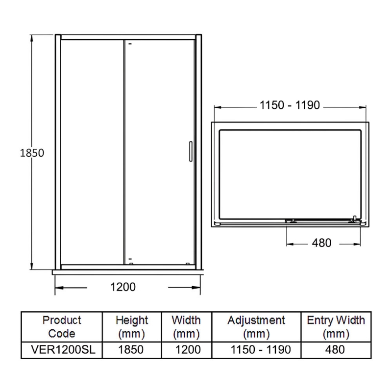 Purity Excel Sliding Shower Door 1200mm Wide - 5mm Glass