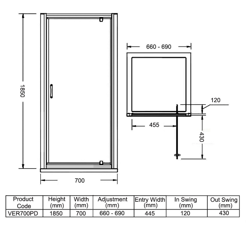 Purity Excel Pivot Shower Door 700mm Wide - 5mm Glass