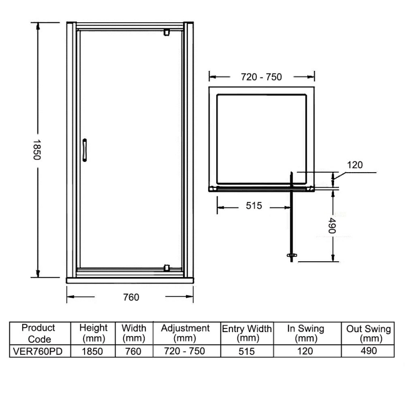 Purity Excel Pivot Shower Door 760mm Wide - 5mm Glass
