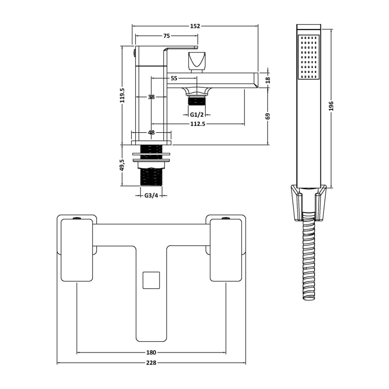 Delphi Fathom Brushed Brass Bath Shower Mixer Tap with Kit  | Dimension Image