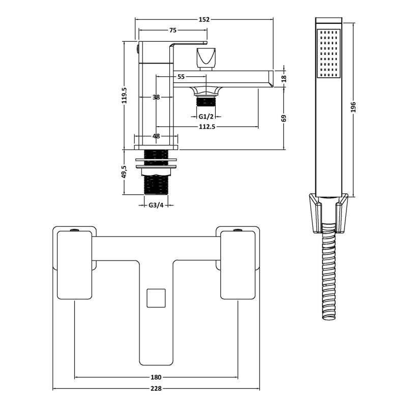 Delphi Fathom Matt Black Bath Shower Mixer Tap with Kit  | Dimension Image