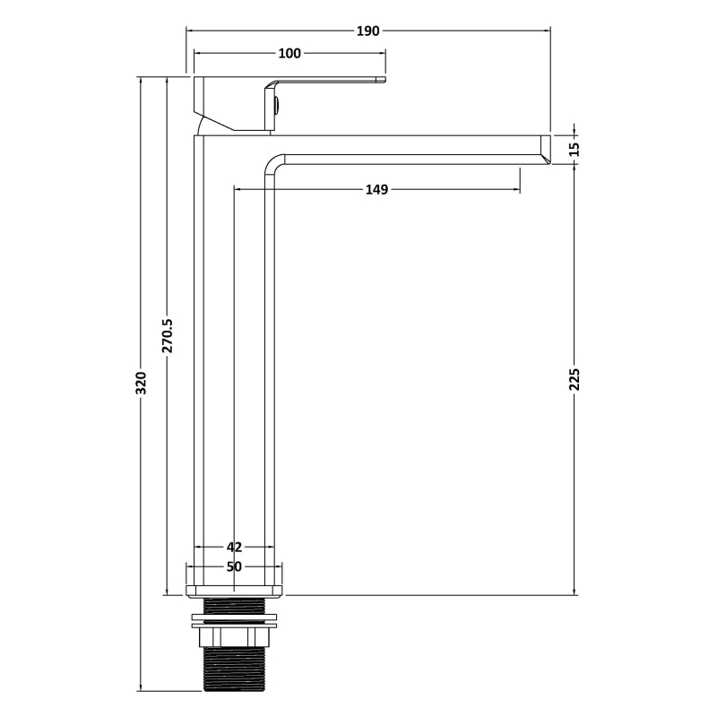 Delphi Fathom Matt Black High Rise Tall Mono Basin Mixer Tap  | Dimension Image