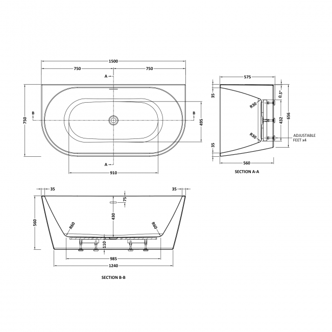 Delphi Lagoon Back-to-Wall Freestanding Bath 1500mm x 750mm