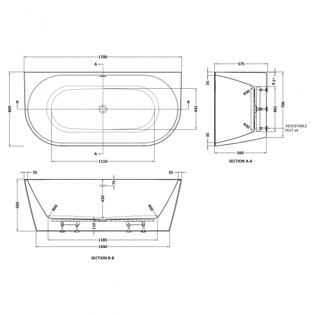 Delphi Lagoon Back-to-Wall Freestanding Bath 1700mm x 800mm  | Dimension Image
