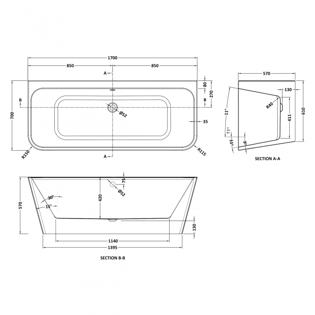 Delphi Opulence Square Back-to-Wall Bath 1700mm x 700mm  | Dimension Image