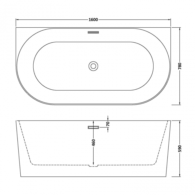 Delphi Paradise D-Shaped Back-to-Wall Freestanding Bath 1600mm x 780mm  | Dimension Image