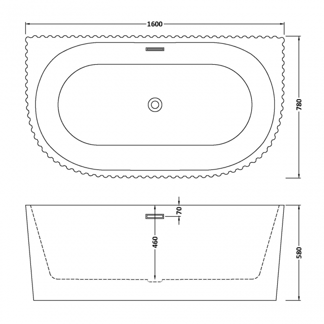 Delphi Paradise Fluted D-Shaped Back-to-Wall Freestanding Bath 1600mm x 780mm  | Dimension Image