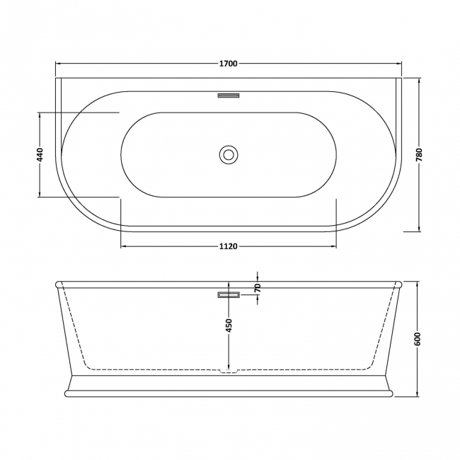 Delphi Paradise Skirted D-Shaped Back-to-Wall Freestanding Bath 1700mm x 780mm  | Dimension Image