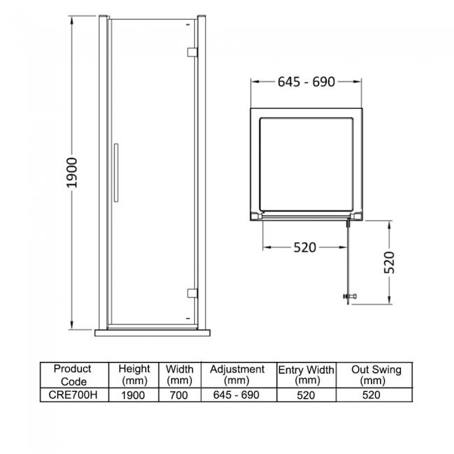 Delphi Peak Hinged Shower Door 700mm Wide - 8mm Glass