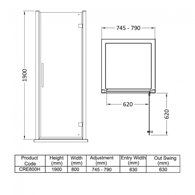 Delphi Peak Hinged Shower Door 800mm Wide - 8mm Glass
