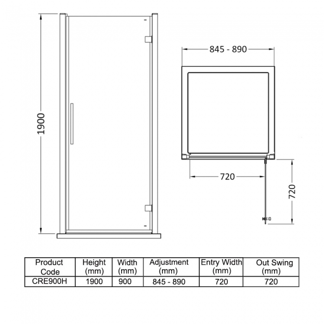 Delphi Peak Hinged Shower Door 900mm Wide - 8mm Glass