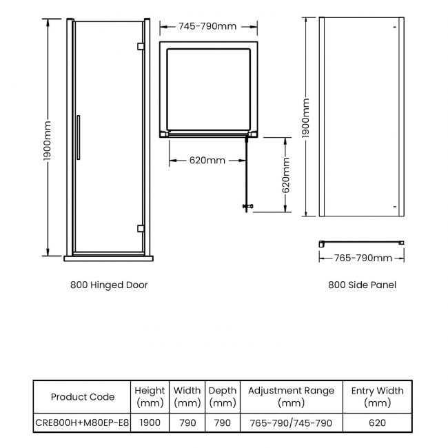 Delphi Peak Hinged Door Square Shower Enclosure 800mm x 800mm - 8mm Glass  | Dimension Image