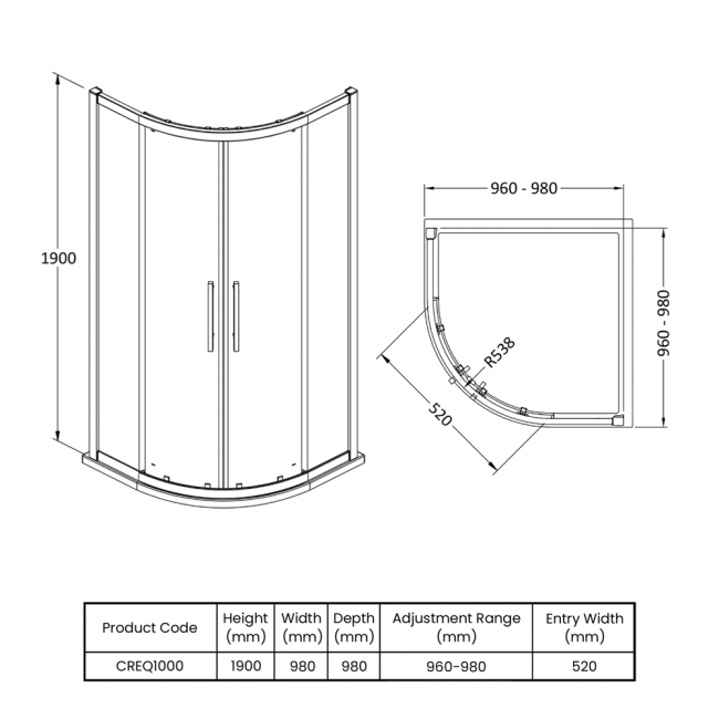 Delphi Peak Double Quadrant Shower Enclosure 1000mm x 1000mm - 8mm Glass  | Dimension Image