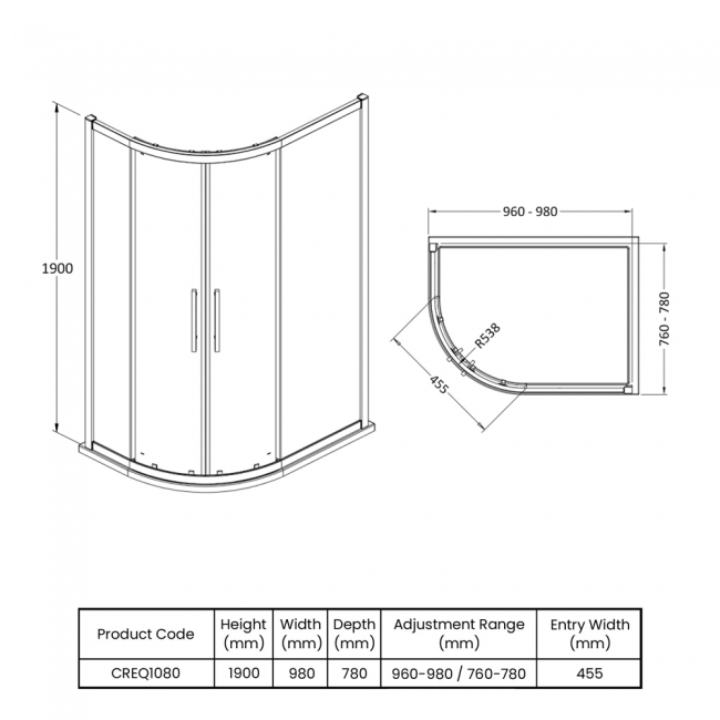 Delphi Peak Offset Quadrant Shower Enclosure 1000mm x 800mm - 8mm Glass  | Dimension Image
