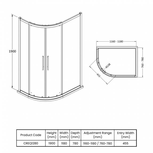 Delphi Peak Offset Quadrant Shower Enclosure 1200mm x 800mm - 8mm Glass  | Dimension Image