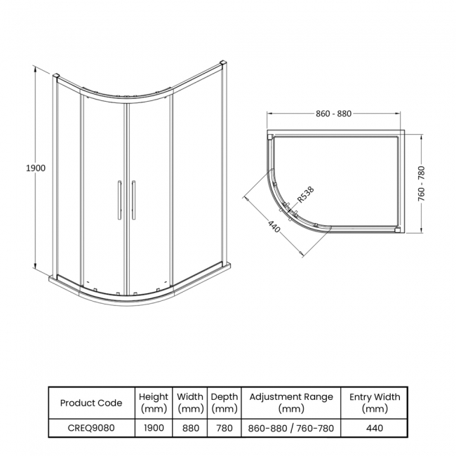 Delphi Peak Offset Quadrant Shower Enclosure 900mm x 800mm - 8mm Glass  | Dimension Image