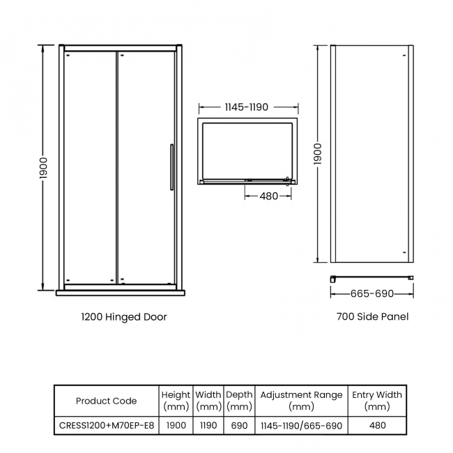 Delphi Peak Sliding Door Rectangular Shower Enclosure 1200mm x 700mm - 8mm Glass  | Dimension Image