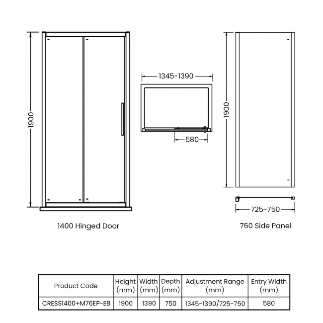 Delphi Peak Sliding Door Rectangular Shower Enclosure 1400mm x 760mm - 8mm Glass  | Dimension Image