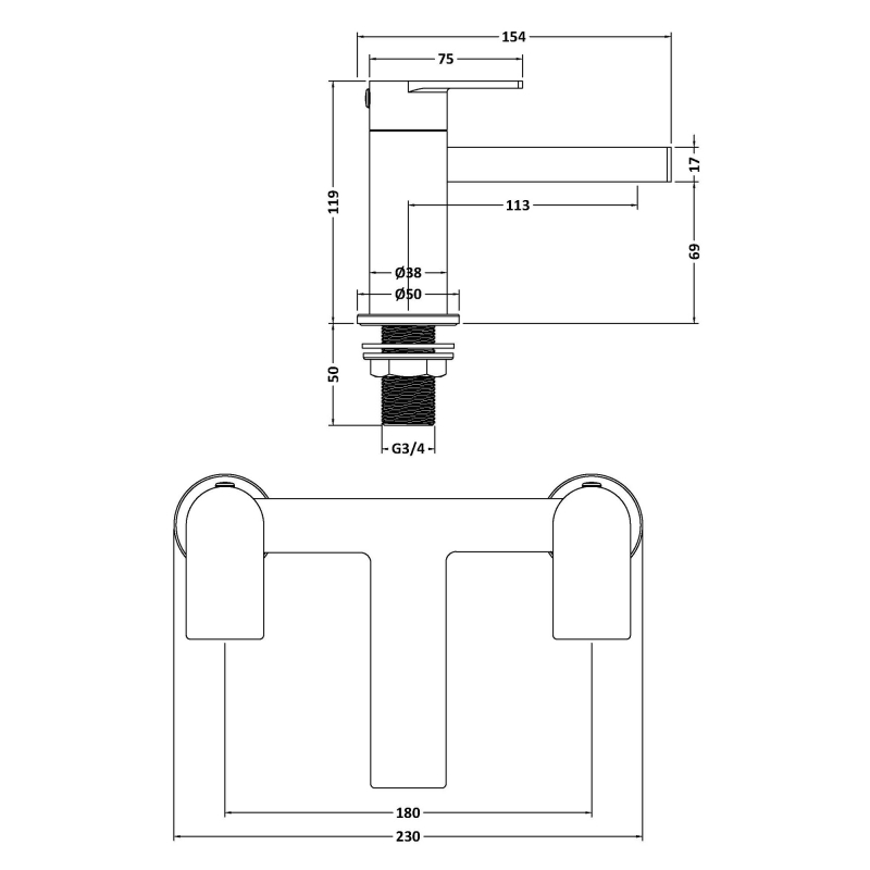 Delphi Port Chrome Bath Filler Tap  | Dimension Image