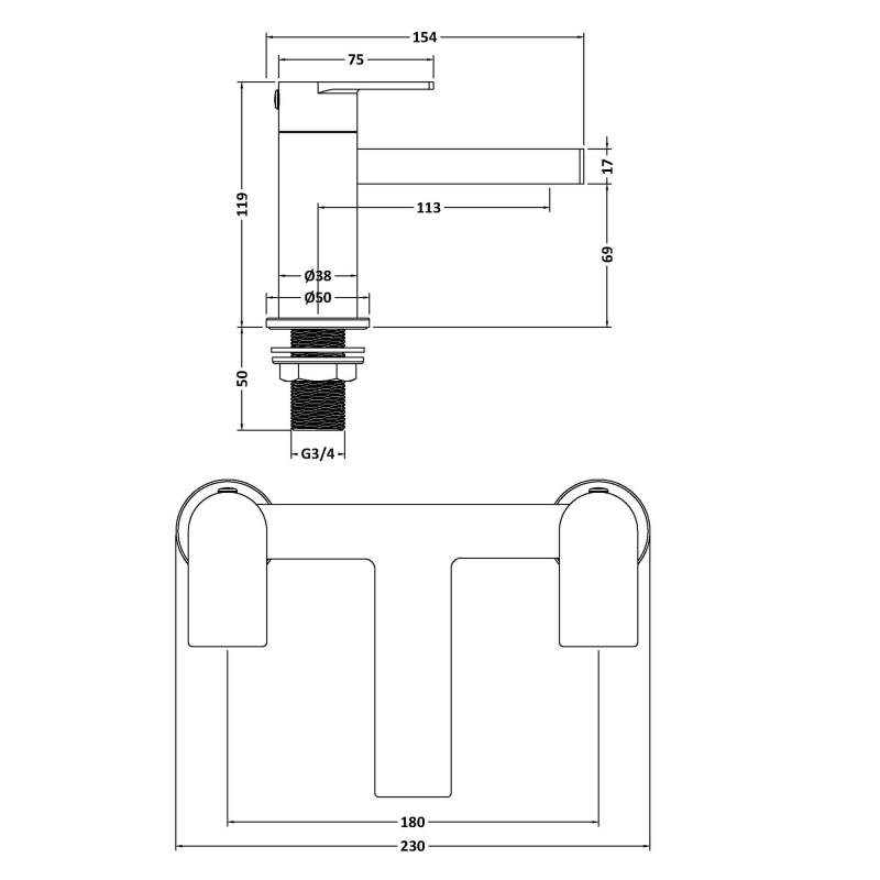 Delphi Port Matt Black Bath Filler Tap  | Dimension Image