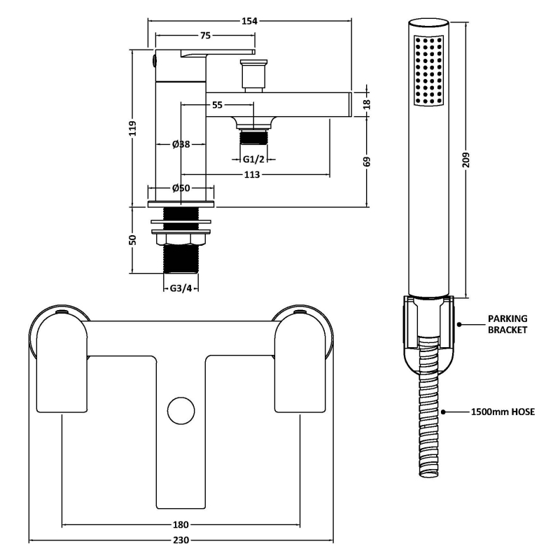Delphi Port Chrome Bath Shower Mixer Tap with Kit  | Dimension Image