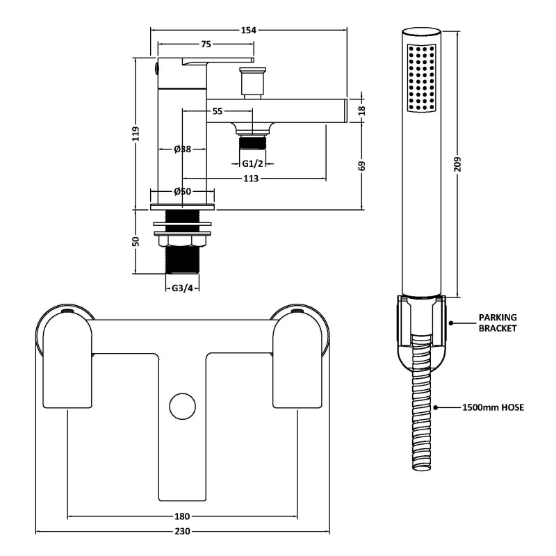 Delphi Port Matt Black Bath Shower Mixer Tap with Kit  | Dimension Image
