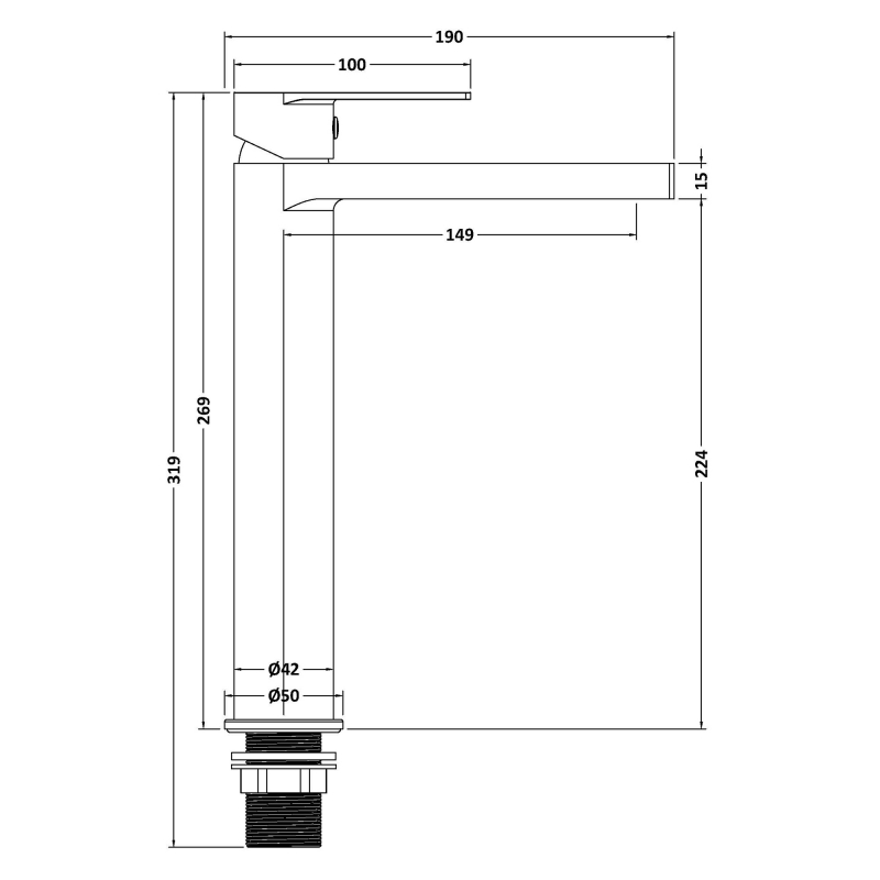 Delphi Port Brushed Brass High Rise Tall Mono Basin Mixer Tap  | Dimension Image