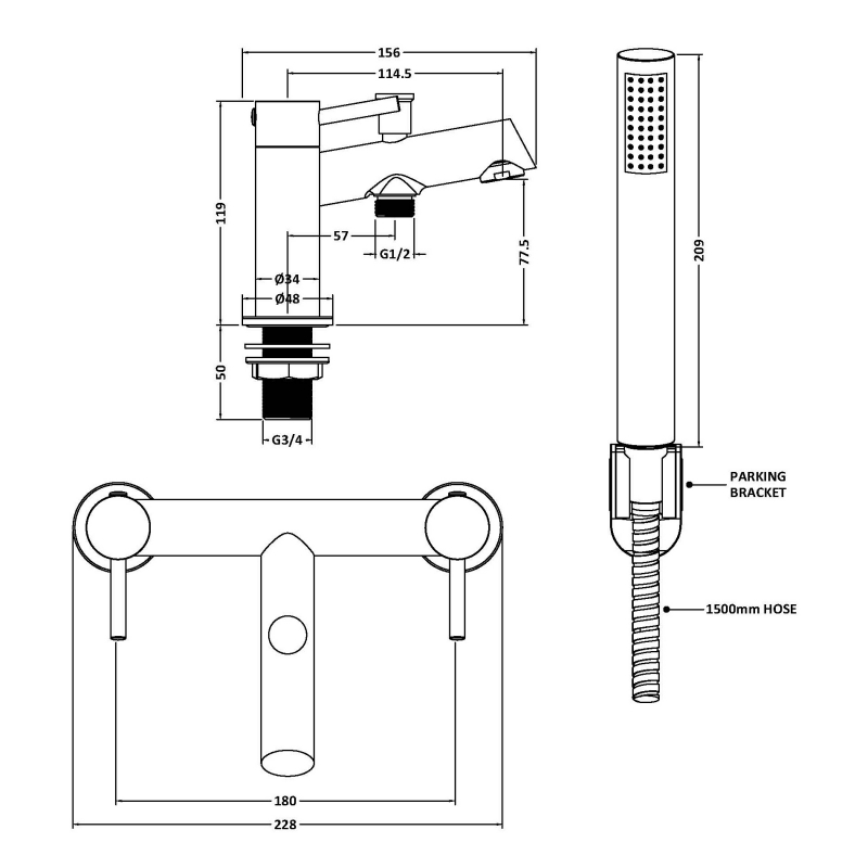 Delphi Quay Matt Black Bath Shower Mixer Tap with Kit  | Dimension Image
