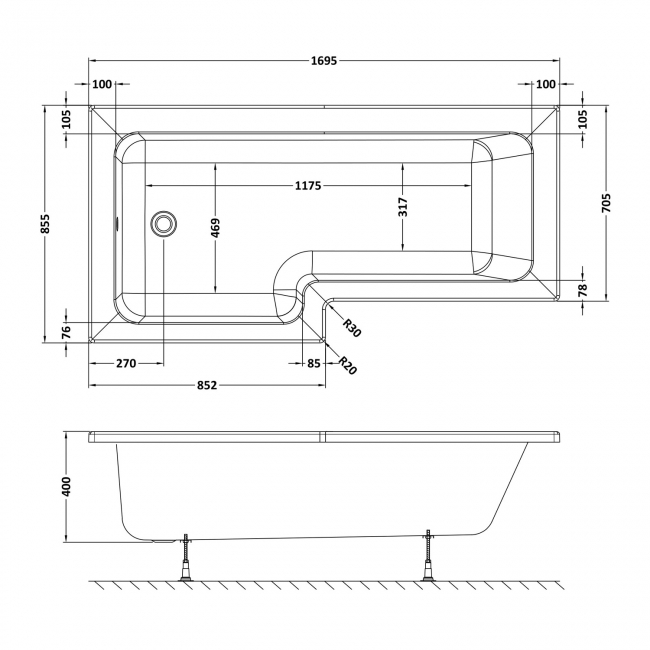 Delphi Ridge L-Shaped 8-Jet Whirlpool Shower Bath 1700mm x 850mm Left Handed  | Dimension Image