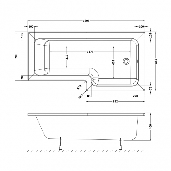 Delphi Ridge L-Shaped 8-Jet Whirlpool Shower Bath 1700mm x 850mm Right Handed  | Dimension Image