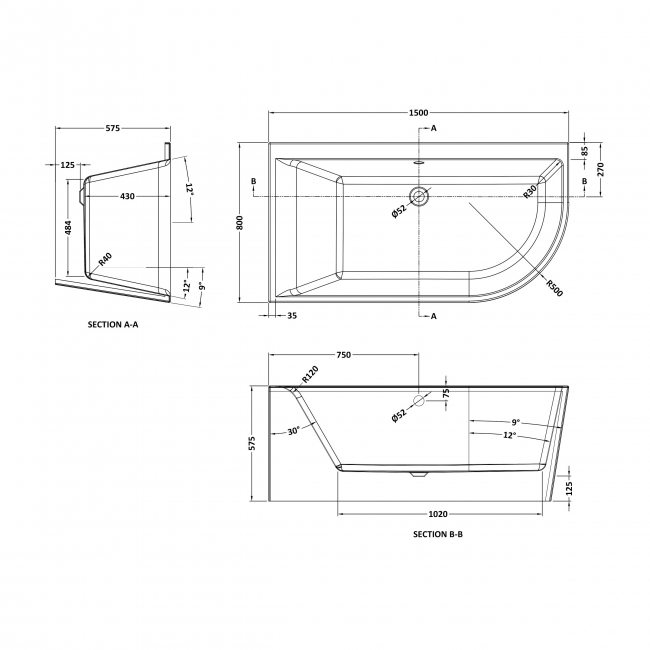 Delphi Shore Curved Offset Corner Bath 1500mm x 800mm Left Handed (inc Leg Set)