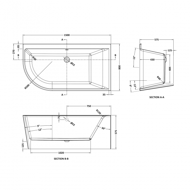 Delphi Shore Curved Offset Corner Bath 1500mm x 800mm Right Handed (inc Leg Set)