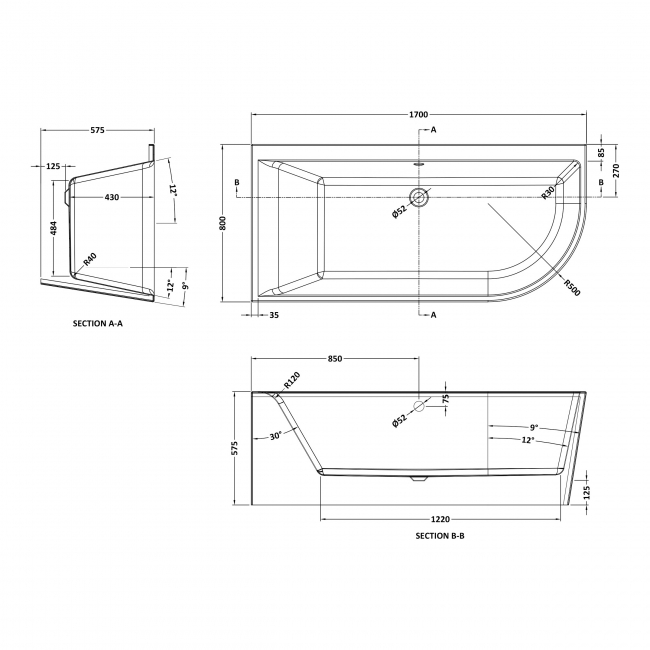 Delphi Shore Curved Offset Corner Bath 1700mm x 800mm Left Handed (inc Leg Set)