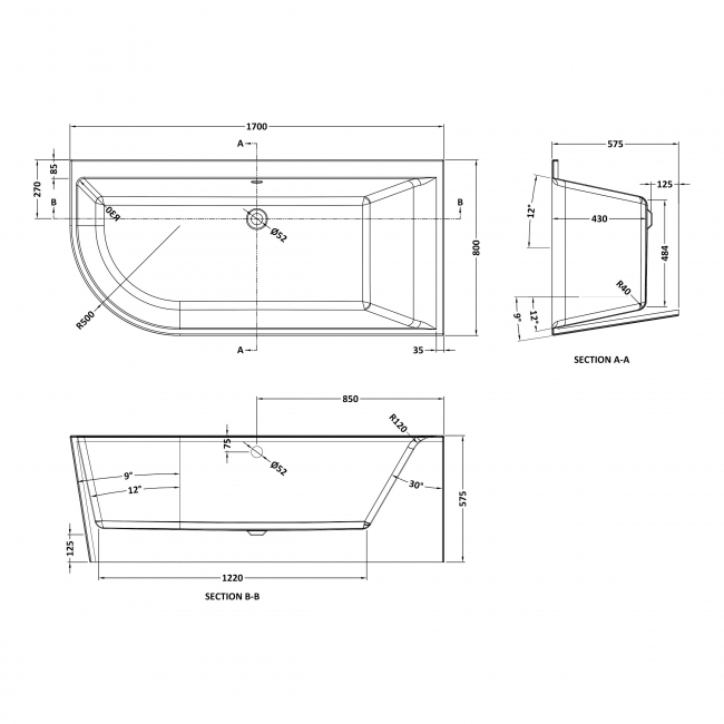 Delphi Shore Curved Offset Corner Bath 1700mm x 800mm Right Handed (inc Leg Set)
