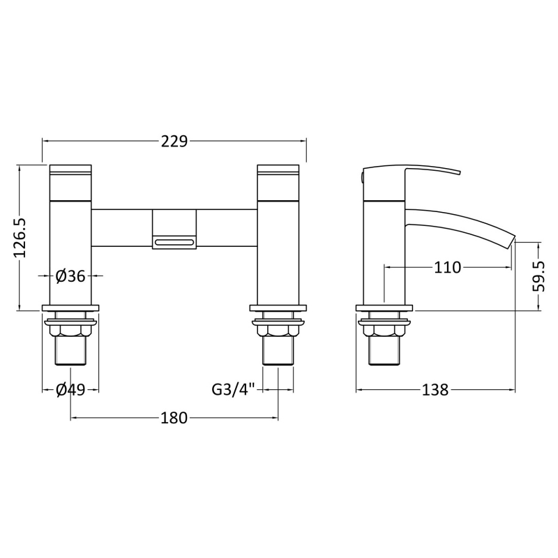 Delphi Swallow Chrome Bath Filler Tap  | Dimension Image