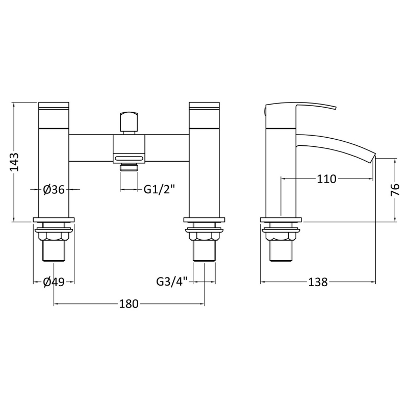 Delphi Swallow Chrome Bath Shower Mixer Tap with Kit  | Dimension Image