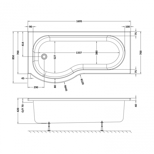 Delphi Swell P-Shaped 8-Jet Whirlpool Shower Bath 1700mm x 850mm Left Handed  | Dimension Image