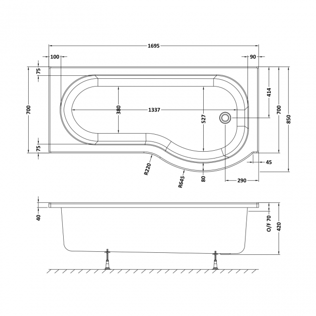 Delphi Swell P-Shaped 8-Jet Whirlpool Shower Bath 1700mm x 850mm Right Handed