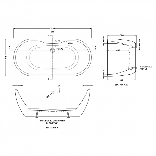 Delphi Vista Oval Freestanding Bath 1555mm x 745mm  | Dimension Image